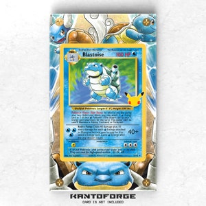 May include: A blue and yellow Pokemon trading card featuring Blastoise, a water-type Pokemon. The card has a blue background with white waves and a yellow border. The card text includes the Pokemon's name, type, HP, and abilities. The card is from the Kanto region.