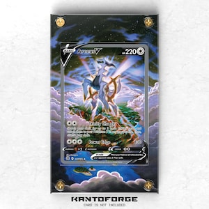 May include: A Pokemon trading card featuring Arceus V, a light blue and white creature with a golden halo. The card has a black background with a blue and white sky and green land in the background. The card text reads "BASIC Arceus V HP 220 Trinity Charge Search your deck for up to 3 basic Energy cards and attach them to your Pokemon V in any way you like. Then, shuffle your deck. Power Edge 130 Vrule When your Pokemon V is Knocked Out, your opponent takes 2 Prize cards."