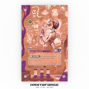May include: A card game card featuring a cartoon illustration of a woman with purple hair and a purple dress holding a vial of liquid. The card is titled "YZMA" and has the text "Conniving Chemist" and "Storyborn - Villain - Sorcerer". The card has a power called "Feel the Power" which reads "If you have fewer than 3 cards in your hand, draw until you have 3 cards in your hand."