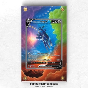 May include: A Pokemon trading card featuring Dialga V, a blue and silver dragon-like creature with a golden glow. The card is set against a background of swirling clouds in shades of purple, green, and orange. The card text reads "Origin Forme Dialga V, HP 220, Metal Coating, Temporal Rupture".
