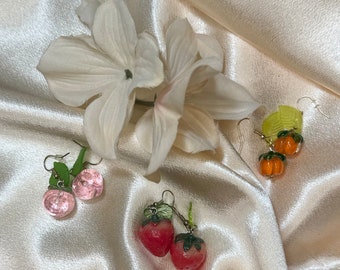 Brincos de frutas com pingentes de folhas - Joias estéticas inspiradas na natureza feitas à mão