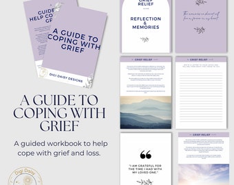 A Guide To Coping With Grief & Loss, grief therapy gift, grief therapy journal, grief workbook, guided grief journal, editable in canva,