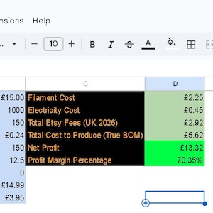 Ultimatives Tool zur Preisgestaltung im 3D-Druck | Gewinnmargenrechner für Hersteller | Stücklisten-Tabelle für Etsy-Shop-Betreiber