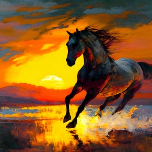 Strandzonsondergang galop -- Digital Art Print, AI gegenereerd, vierkant, 1:1, AI Art, digitale download, afdrukbaar, kunst aan de muur, woondecoratie