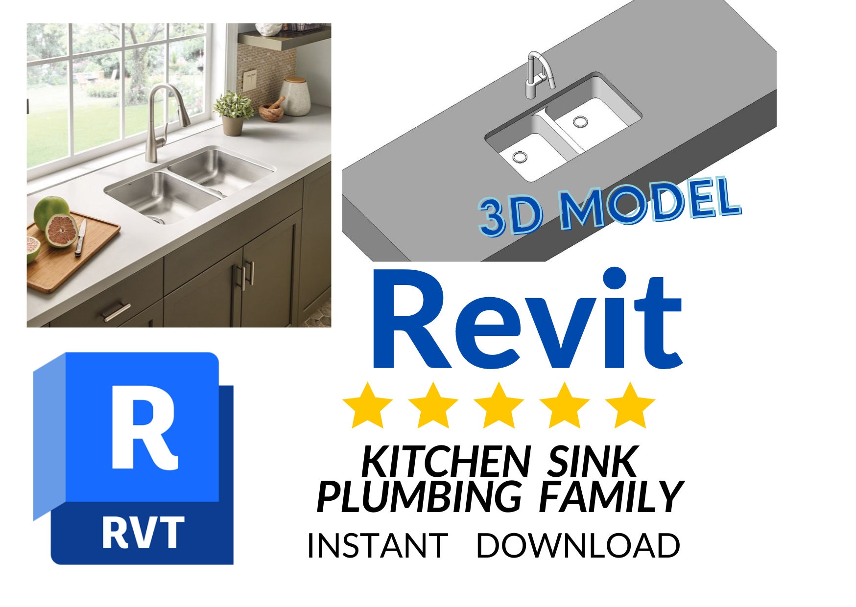 Revit Kitchen Sink Family. 3D Model Plumbing Bim Library Etsy