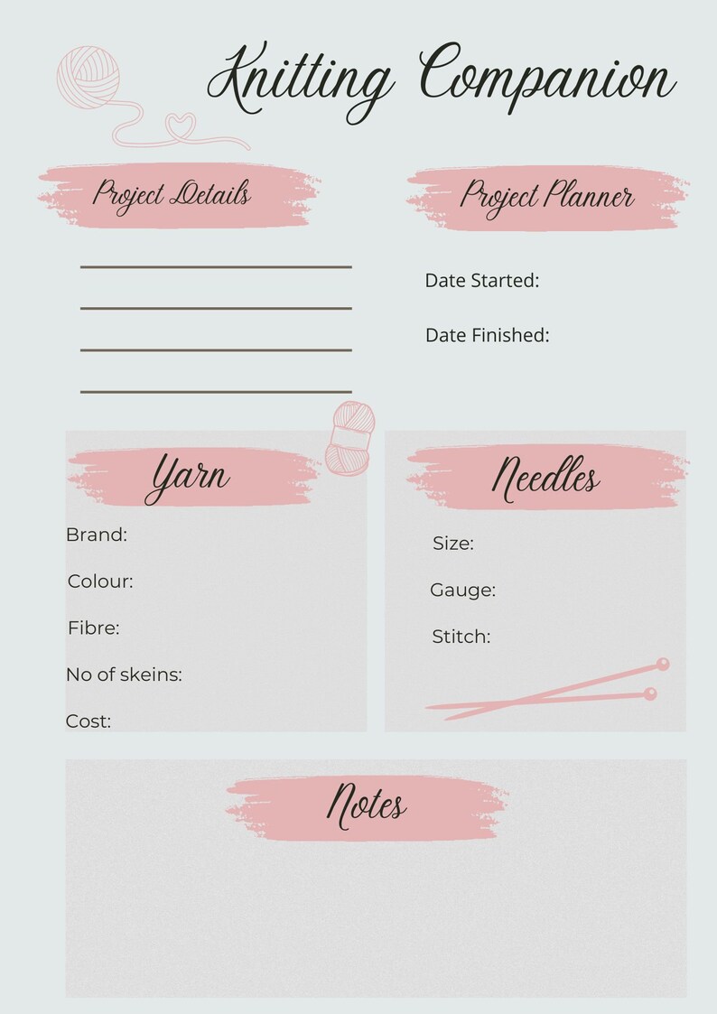 Knitting Companion One Page Printable Planner Knitting Etsy