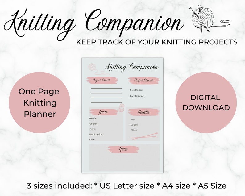 Knitting Companion One Page Printable Planner Knitting Etsy