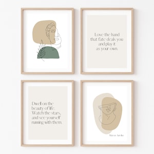 Può includere: Quattro stampe d'arte da parete stampabili con disegni a linea minimalisti e citazioni ispiratrici. Le stampe presentano uno sfondo beige con testo nero e disegni a linea di un busto, foglie e stelle. Le citazioni sono "Dwell on the beauty of life. Watch the stars, and see yourself running with them.", "Love the hand that fate deals you and play it as your own.", "Marcus Aurelius", e un busto con una foglia.