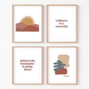 Zestaw 4 John Muir Inspirujący cytat natury | Cyfrowa sztuka ścienna | Nowoczesny neutralny minimalistyczny apartament Domek Las Galeria ścienna