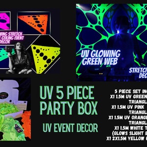 UV Glowing Stretch décor, 5 piece party box, blacklight party, glowing uv décor for events, glow party