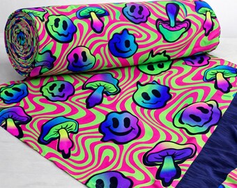 UV Glow Blacklight Fabric, Neon Rainbow Mushroom Print, Rave Decor