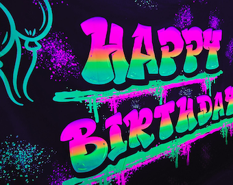 Uv Blacklight happy birthday  tapestry, paint splatter wall hanging, neon art, Glow in the dark , wall art, celebration backdrop