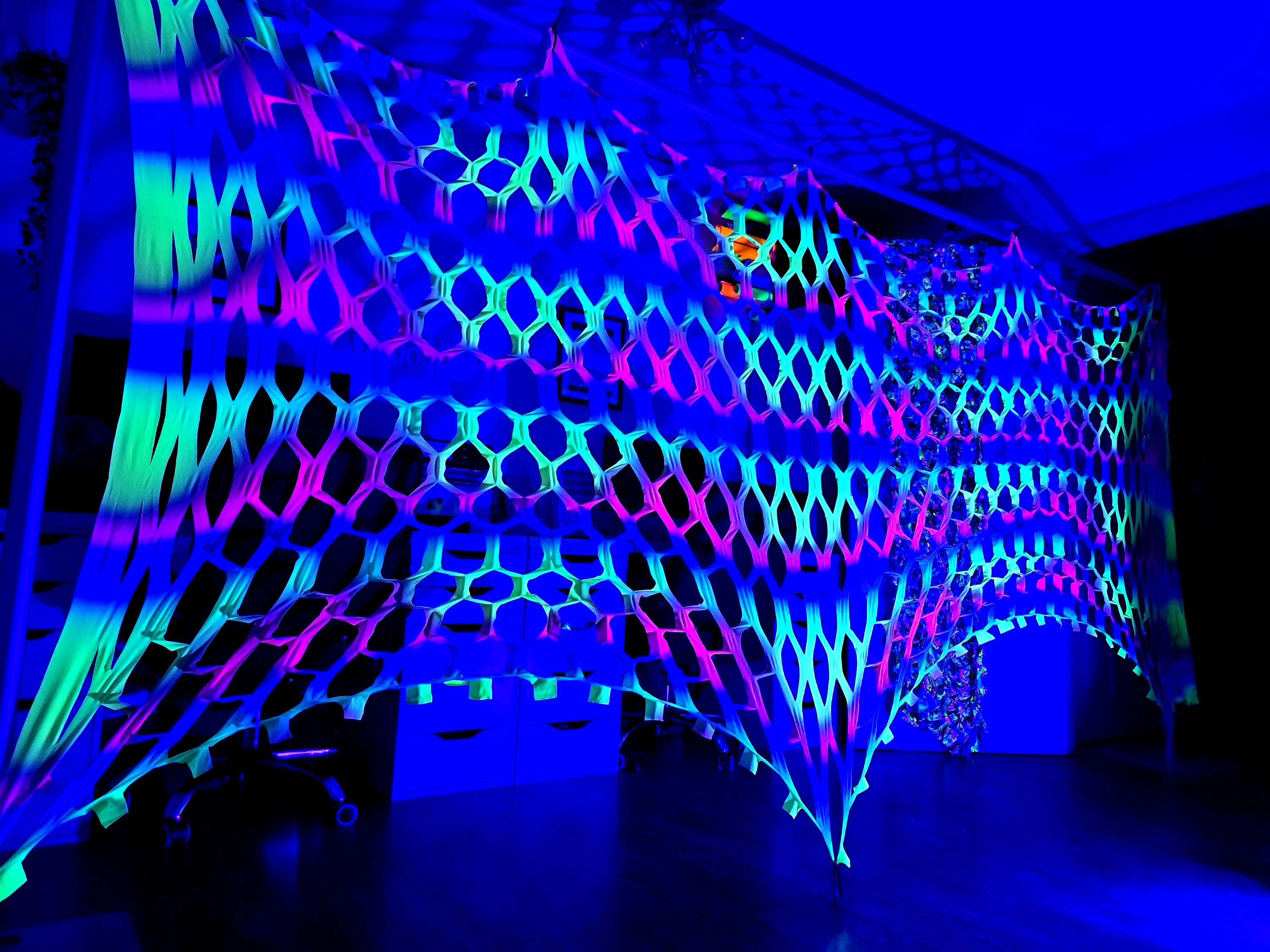 Ceiling Rave UV Rainbow Stretchy Camo Netting, Glow in Dark Spandex, Rave Party ...