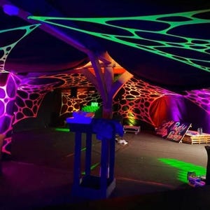 Uv Giant Complete Glow in the dark Party Decoration kit, Blacklight event, uv ceiling canopy , Neon tapestry, Glow party sensory events