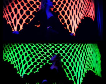UV 2 pk Neon Green & Orange spandex stretch glow in the dark, Camo netting , blacklight party, light up the night, hanging glowing net.