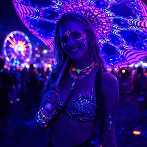 May include: A woman smiles, holding a glowing umbrella at a nighttime festival. She wears a sequined bra, body jewelry, and face paint, all illuminated with neon lights. A Ferris wheel is visible in the background, adding to the festive atmosphere.