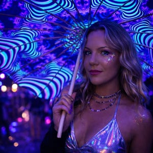 May include: A woman holding a parasol with a vibrant, swirling blue and purple design. She wears a silver halter top and glitter makeup. The parasol's wooden handle is visible. The background is blurred with bokeh lights.