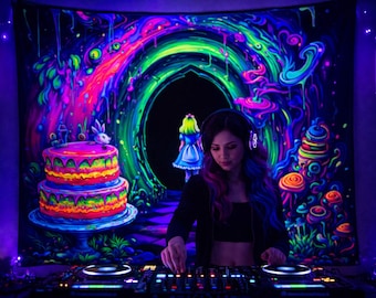 UV Neon Rabbit Wonderland Portal Rave Tapestry, Neon Blacklight