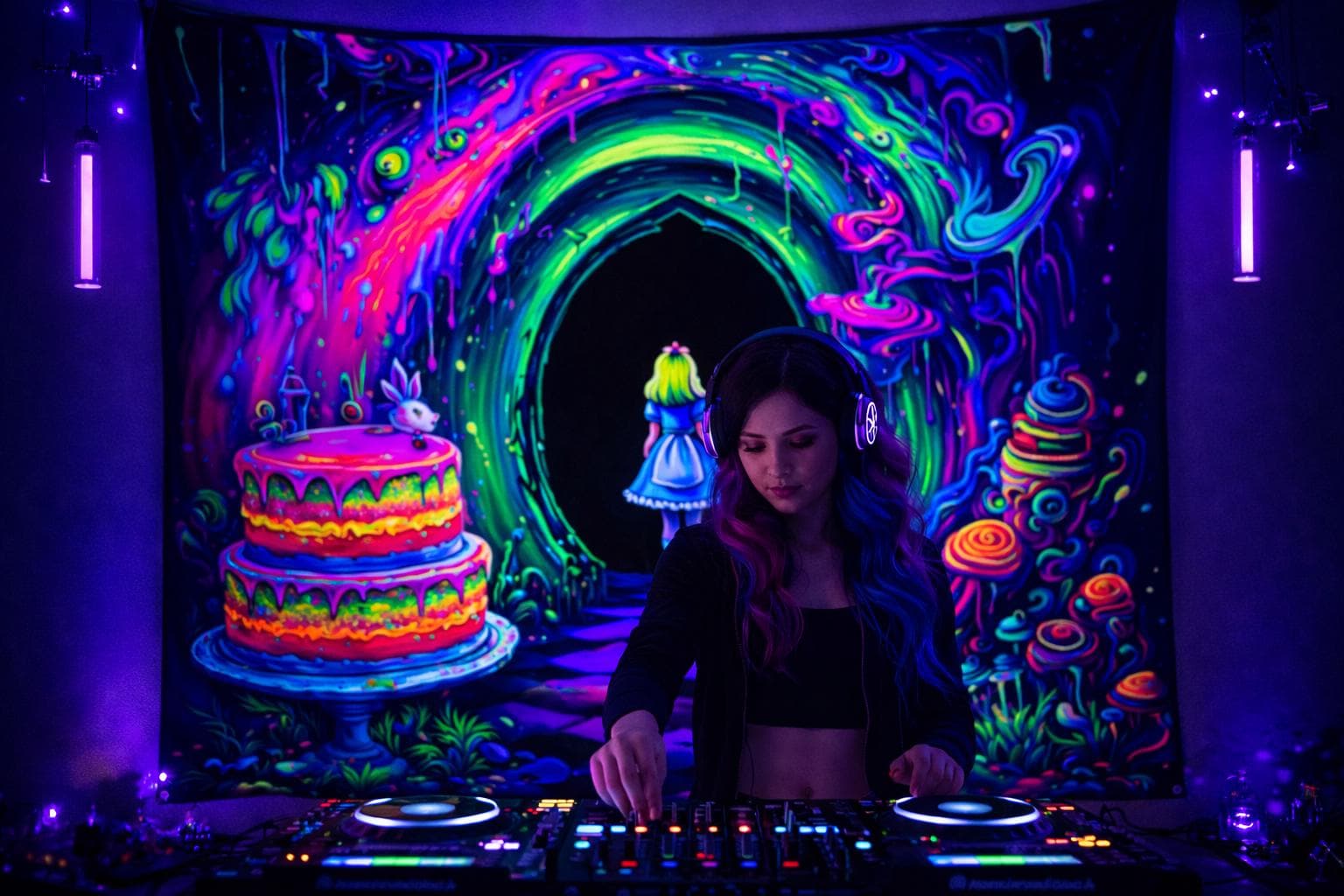 UV Neon Rabbit Wonderland Portal Rave Tapestry, Neon Blacklight