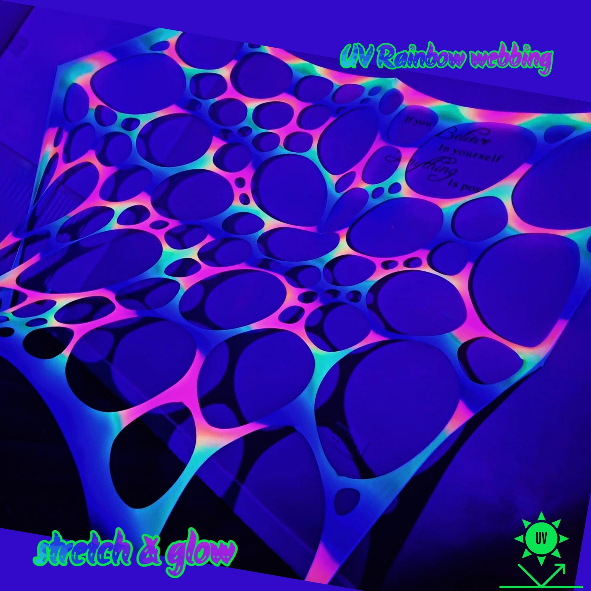 Neon Rainbow Pattern Rave X2 Pack UV Reactive Trippy Rainbow Stretchy Webbing, Neon Decor, Rave ...