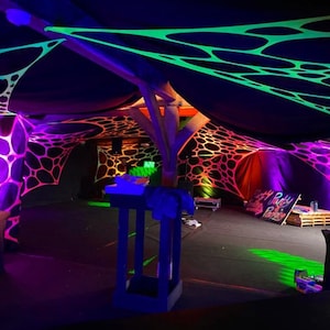 Uv 4 pack Stretch event decor Webbing ceiling canopy, Blacklight Tapestry, Glow in the dark, Lycra, Trippy décor, festivals, sensory room