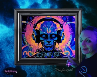 UV Reactive Alien Mantra Print, Psychedelic Neon Wall Art