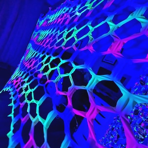 UV Rainbow stretchy Camo Netting, Glow in Dark Spandex, Rave Party Decor, wall hanging, ceiling stretch canopy, tapestry psytrance events