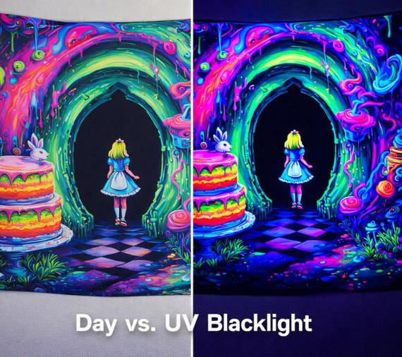 UV Neon Rabbit Wonderland Portal Rave Tapestry, Neon Blacklight
