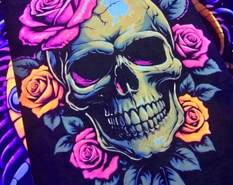 UV Blacklight Skull & Roses Print, Neon Gothic Wall Art
