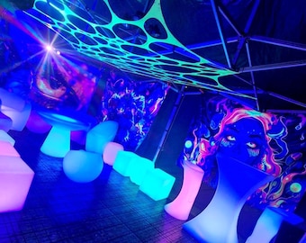 x1 stretchy glow neon webbing event decor, psytrance, festivals, rave, party sensory room, stretch & glow wall hanging and ceiling decor