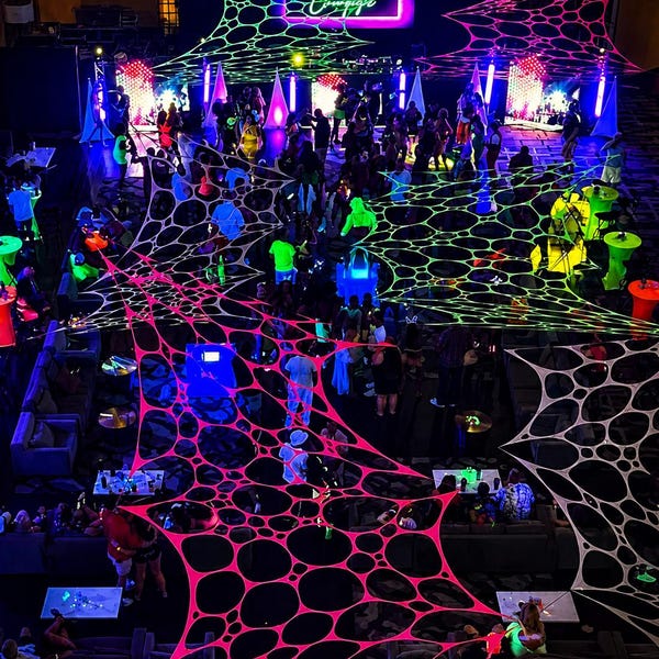 4 pack UV Reactive stretchy Lycra Webbing, blacklight party neon Stretch Event Decor, rave tapestry, ceiling canopy or wall hang event decor