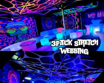 UV 3 Pack Stretch event décor, uv pink | uv yellow + uv white neon webbing, Uv Wall Hanging, Birthdays, Festivals, Raves, Sensory Room