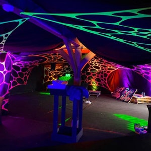 X2 Piece UV stretch event decor x1 uv orange +x1 uv yellow ceiling canopy, glow in dark party, neon party, sensory, Halloween decor & more!