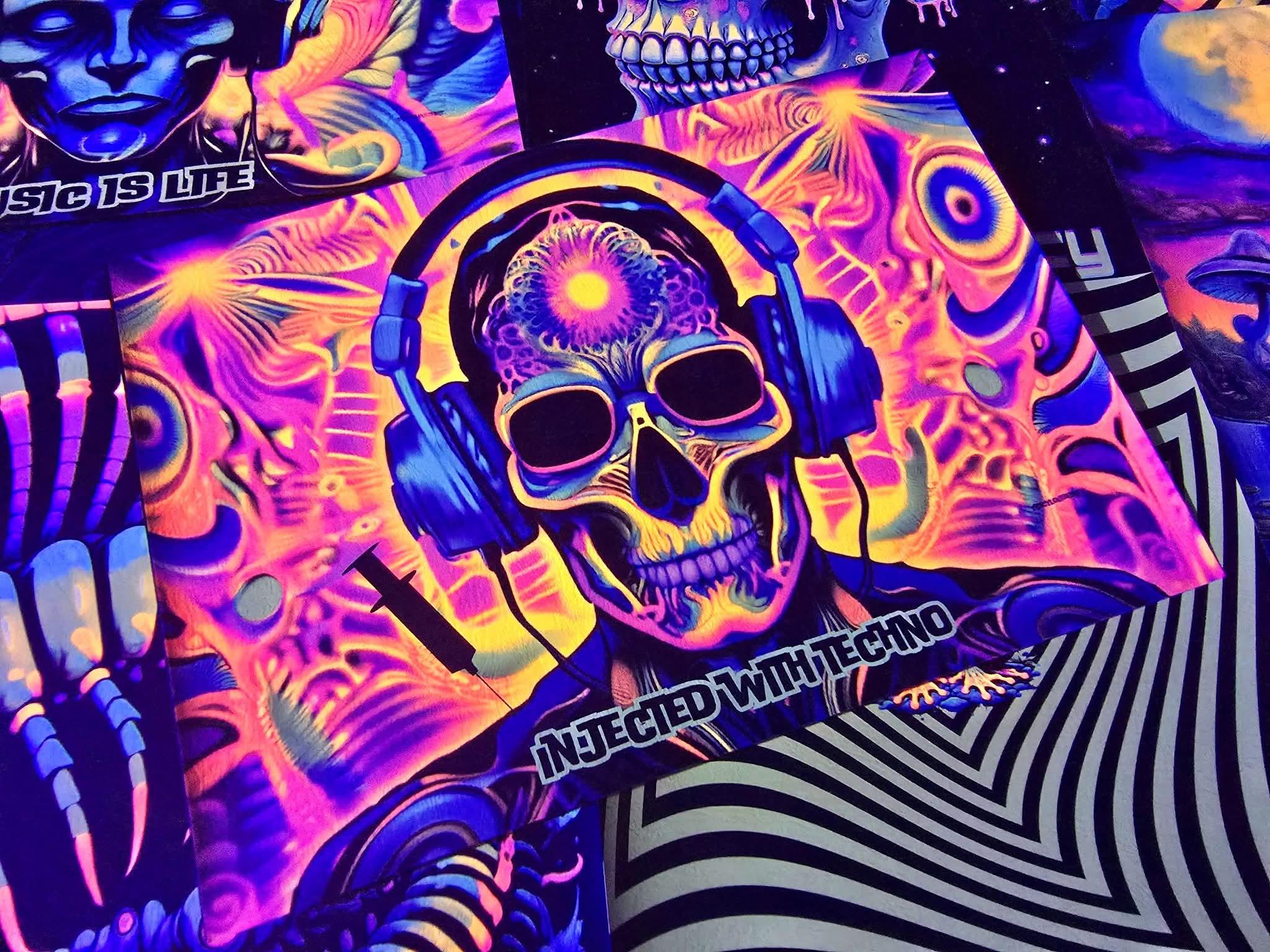 Neon DJ Skull Poster, Blacklight Techno Music Wall Art (A4, A3) - Etsy