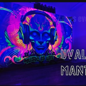 Uv Alien Mantra Music is life Neon Giant wall hanging tapestry uv reactive backdrop, Glow in the dark