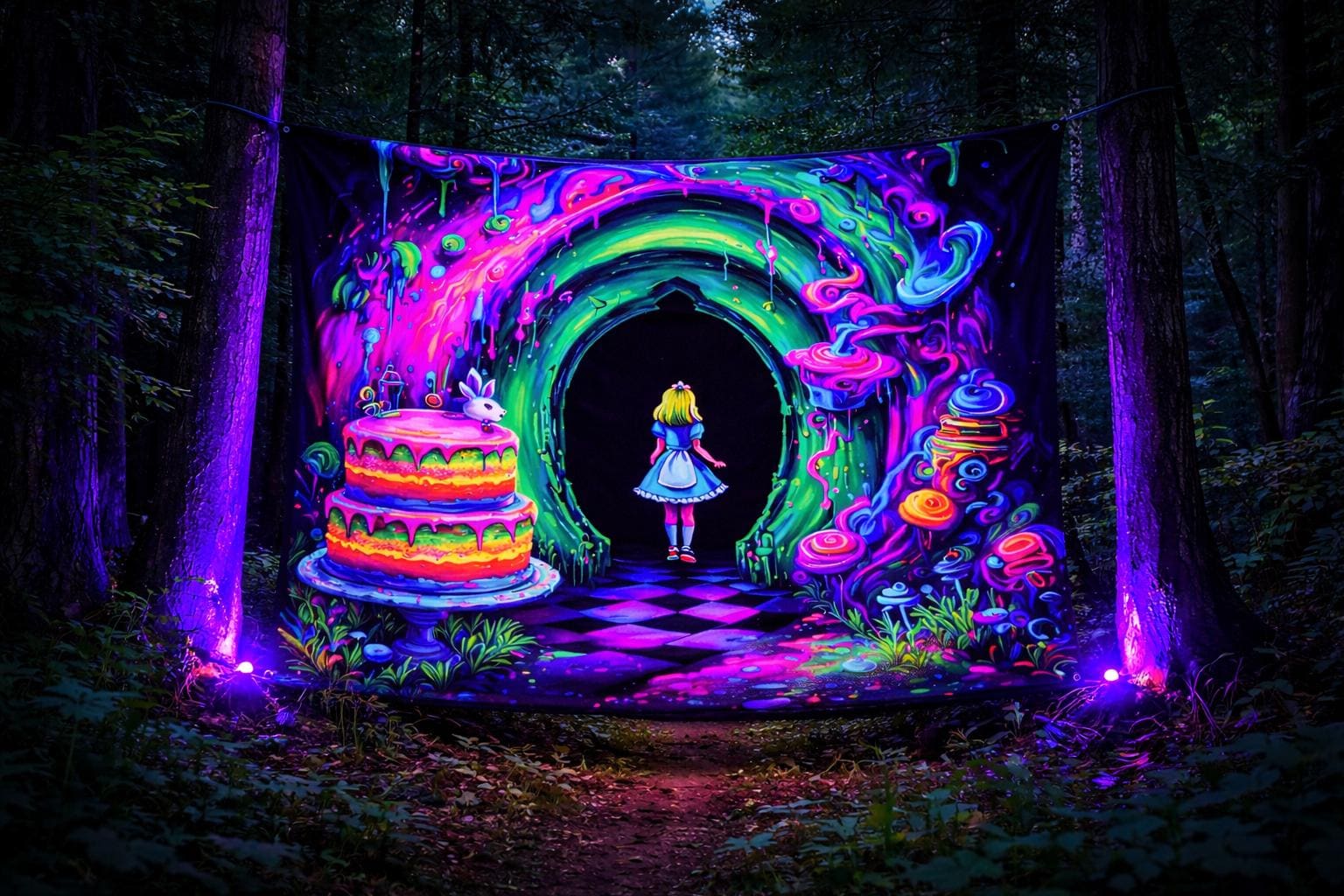 UV Neon Rabbit Wonderland Portal Rave Tapestry, Neon Blacklight