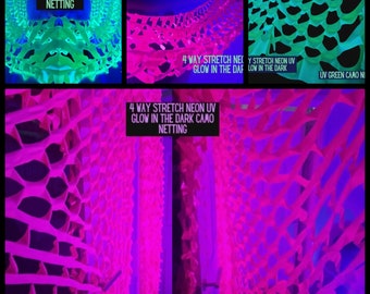 UV 2 pk Neon Pink & Green spandex stretch glow in the dark, Camo netting , blacklight party, light up the night, hanging glowing net.