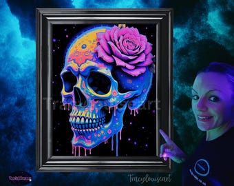 UV Reactive Calavera Skull Print, Neon Blacklight Art, A4 A3