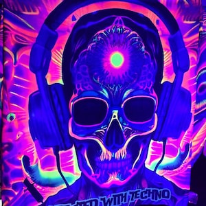 Uv Blacklight Techno skull  tapestry, wall hanging, neon art, Glow in the dark , wall art, dj backdrop