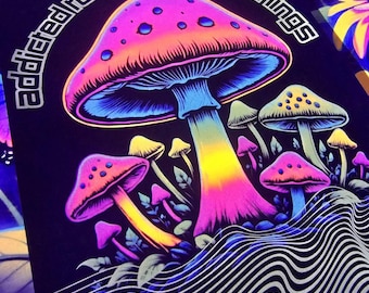 Neon Mushroom Print, Trippy Blacklight Poster, Psychedelic Wall Art