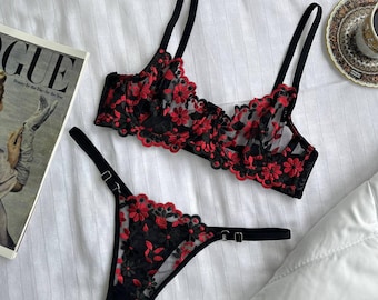 Black Red Floral Lace Lingerie Set, Sheer Embroidered Bra and Adjustable Strap Thong Set