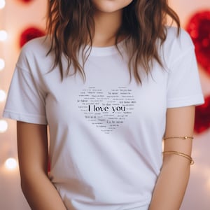 Te amo camisa de corazón, regalo del día de San Valentín, camiseta de corazón de amor, camisa de idioma, moda femenina linda, top gráfico de corazón, regalo perfecto para ella