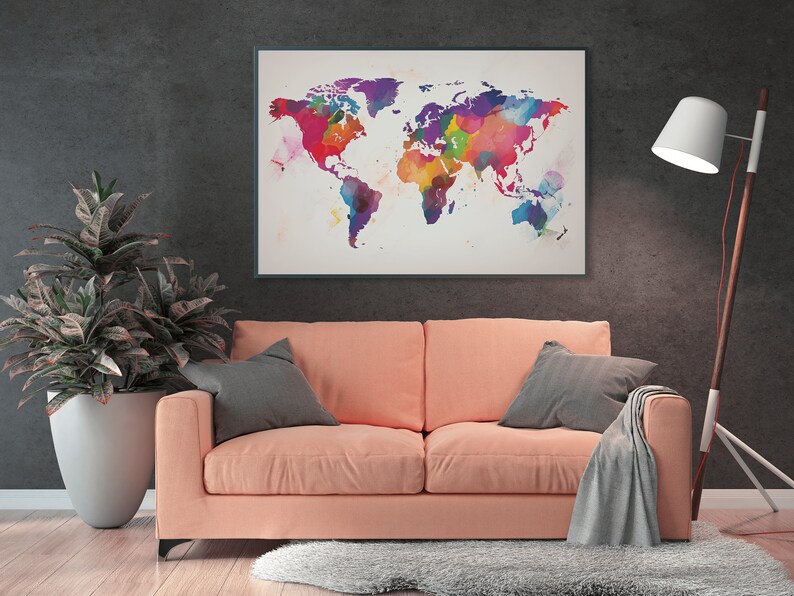 World Map Colorful Printable Downloadable Wall Art Poster Home Decor
