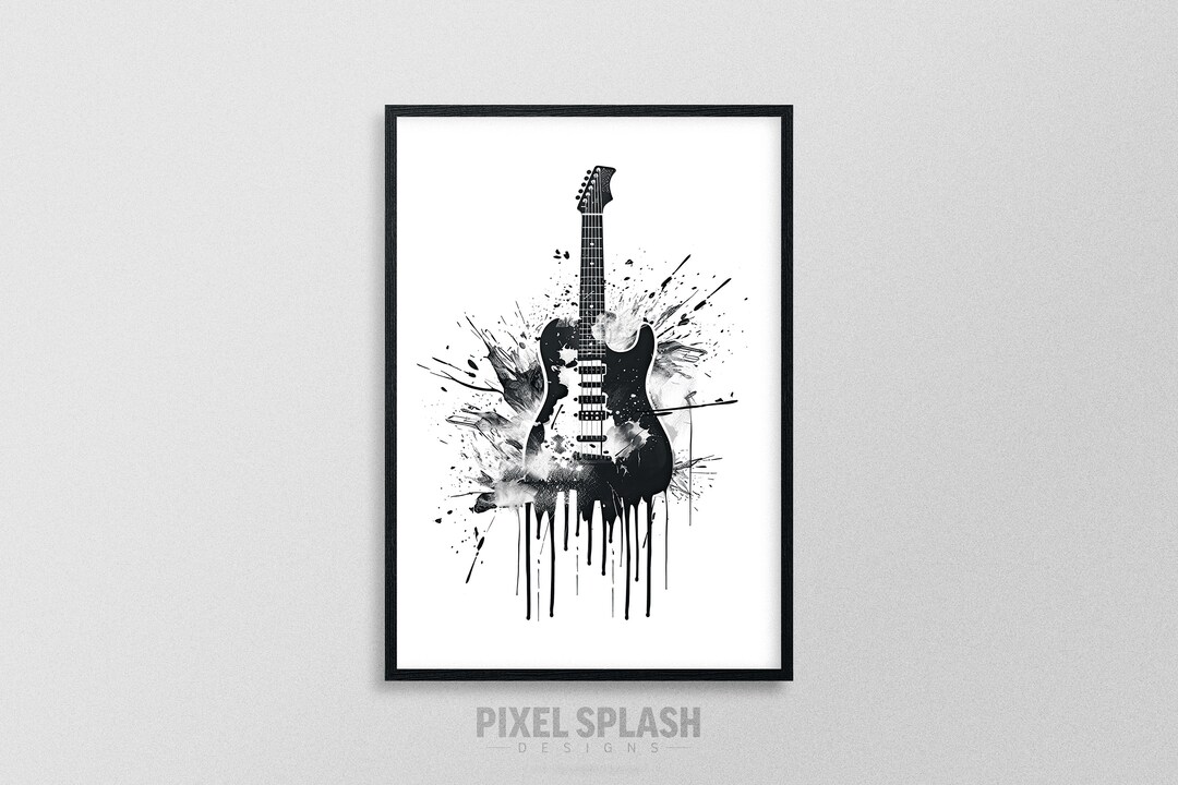 Distorted Guitar Design, Wall Art, Home Decor, Black and White
