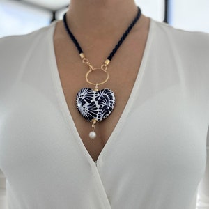 Talavera Heart Pendant Necklace, Handmade Boho Mexican, gift for her, Mexican Jewelry