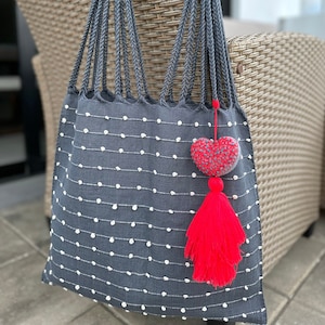 Shoulder Bag, Mexican Tote with embroidered heart, boho chic, handcrafted, gift for her, beach bag, loom tote. ic