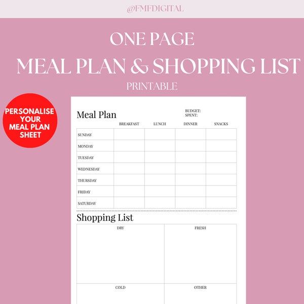 Mahlzeitenplaner und Einkaufsliste Printable