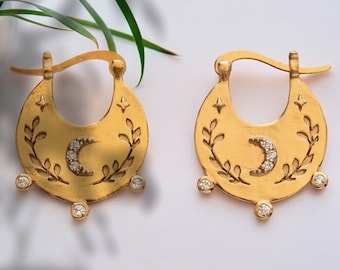 Celestial Crescent Hoop Earrings, 14k Gold Moon and Star Hoops with Leaf Engraving