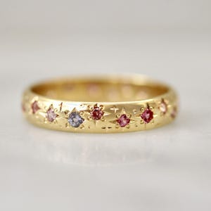 14k Gold Rainbow Gemstone Starburst Band – Pink Sapphire, Tourmaline & Tanzanite Celestial Wide Ring