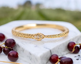 Anillo de oro macizo de 14k con serpiente ouroboros, alianza de diamantes con serpiente de renovación eterna.